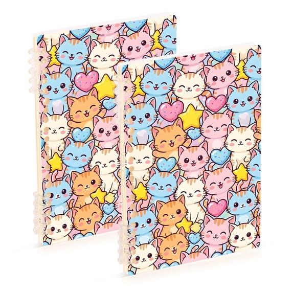 Haosy Smiling Cat Star Heart Notebooks 2 Pcs 1-subject Journal 60 Sheets A5 College Ruled Paper Detachable Ring 8.3"x5.7"