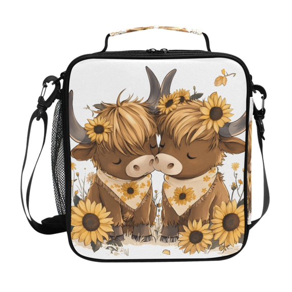 Haosy Two Highland Cow and Sunflower Reusable Lunch Box Men/Women Insulated Lunch Bag for School Picnic Travel