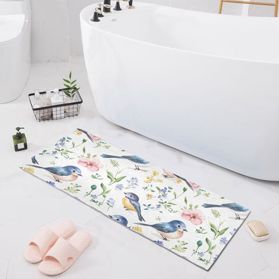 Haosy Watercolor Bluebirds and Wildflowers Bathroom Rugs Non Slip Absorbent Soft Plush Quick Dry Bath Mat, 39"x20"