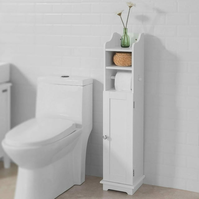 Haotian FRG177W,White Standing Wooden Bathroom Roll Holder Storage