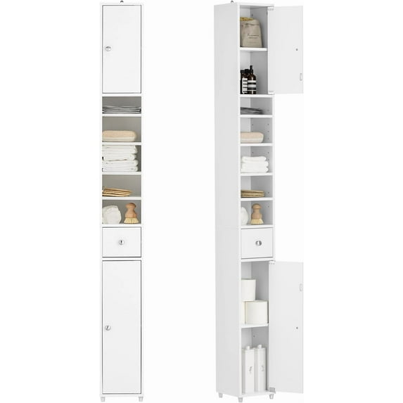 Haotian Narrow Bathroom Storage Cabinet, Tall Slim Cabinet with Adjustable Shelves and Doors, Floor Standing Cupboard for Small Spaces, Bathroom or Laundry Room Organizer, White BZR34-W