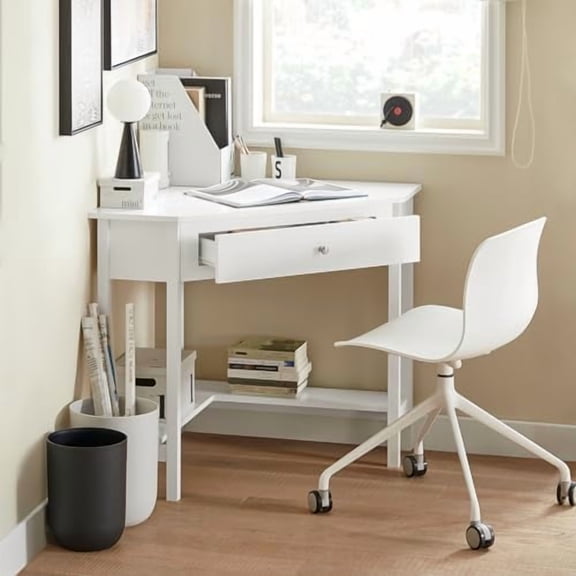 Haotian Small Corner Desk, Triangle Computer Desk with Drawer and Shelf, Home Office Writing Vanity Table, White FWT31-W$$Home Decor, Kitchen, & Other