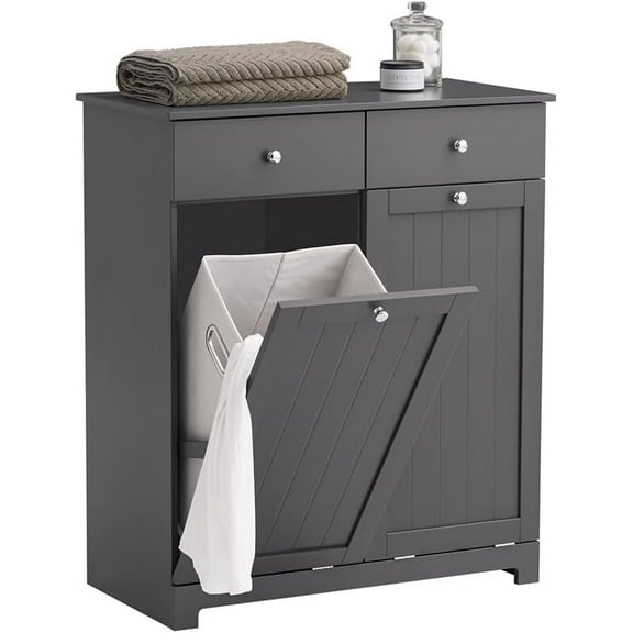 Haotian Tilt-Out Bathroom Laundry Cabinet Hidden Hamper Organizer with Double Baskets and Drawers Storing Unit Storage, Grey BZR33-DG