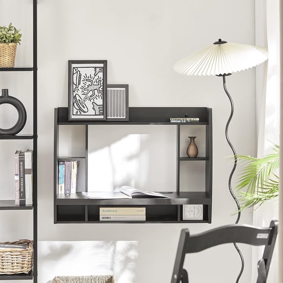 Haotian  Wall Mounted Folding Table Home Office Workstation Computer Desk with Storage Shelves Trestle Desk, Black FWT18-SCH