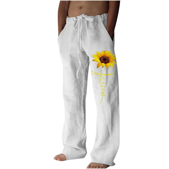 Haoxianjian Baggy Pants Black Sweatpants Casual Men'S Wide Leg Pants Printed Lace-Up Casual Pants Wide Leg Pants Sweatpants Full Length Pants White Linen Pants