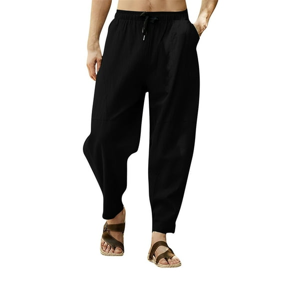 Haoxianjian Baggy Sweatpants Summer Pants Men'S Casual Cropped Pants Solid Color Cotton And Linen Drawstring Hip-Hop Lantern Leggings Long Pants Straight-Legs Stretchy Waist Beach Pants