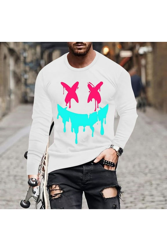 Haoxianjian Black T Shirts Men Big&TallShirtsForMen Fashionable Men'S Printed Top Long Sleeved Round Neck Smiling Face Printed Top/Shirtx Men'