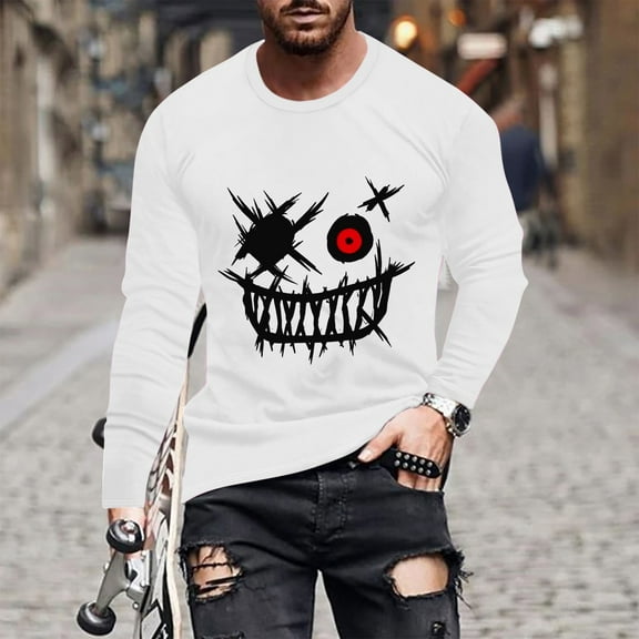 Haoxianjian Black T Shirts For Men Workout Shirts For Men Fashionable Men'S Printed Top With Long Sleeved Round Neck And Smiling Face Printed Top/Shirtx Long Sleeve Casual Sweatshirt