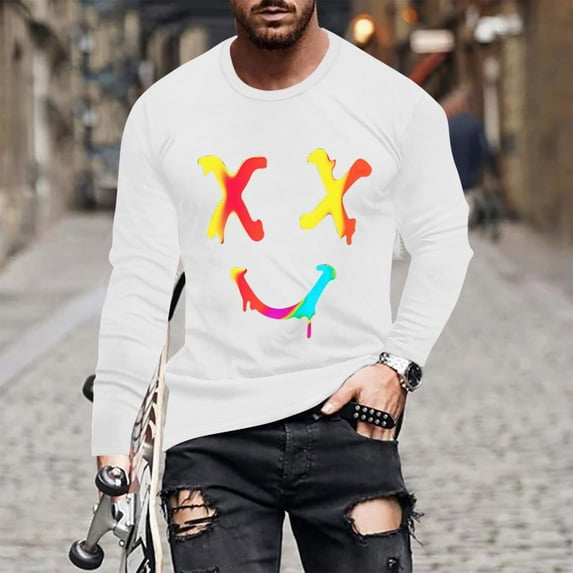 Haoxianjian Tshirt Mens Long Sleeve Tee Shirts Workout T Shirts Fashionable Men'S Printed Top With Long Sleeved Round Neck And Smiling Face Printed Top/Shirtx Men'S Fashion Sweatshi