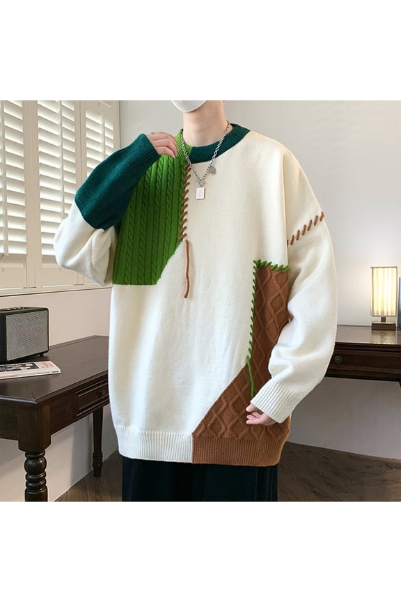 Haoxianjian Cute Sweaters Sweater Blazer Men'S Knitwear Splice Round Neck Elastic Pullover Assorted Colors Texture Trend Sweater Coat Striped Fall Winter Warm Sweatshirts