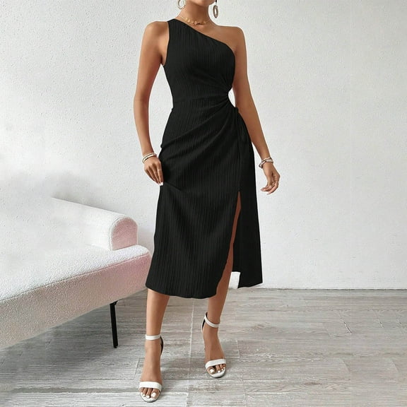 Haoxianjian Cutout Women's One Shoulder Ruched Maxi Dress High Slit Bodycon Dresses Summer Dresses for Women 2025 Sundresses Casual Beach Dresses