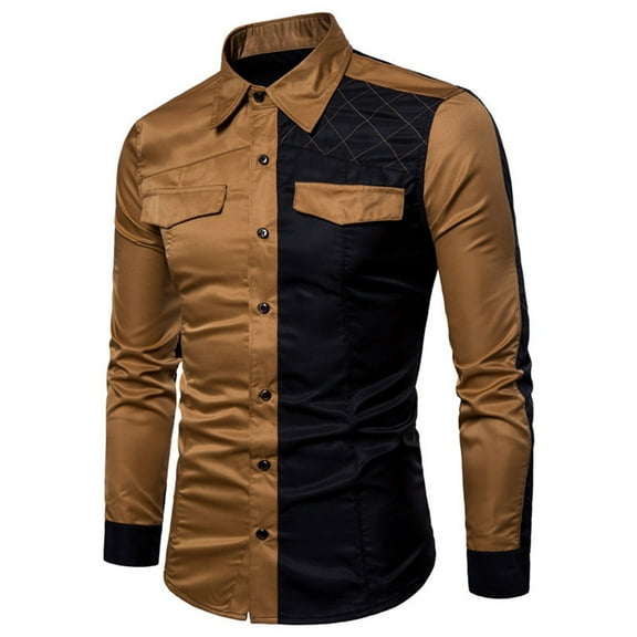 Haoxianjian Dress Shirts For Men Sweatshirt Men'S Casual And Fashionable Color Contrast Splicing Slim Fitting Long Sleeved Shirt White Undershirts Men