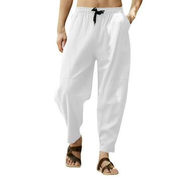 Haoxianjian Khaki Pants Mens Wide Leg Pants Men'S Casual Cropped Pants Solid Color Cotton And Linen Drawstring Hip-Hop Lantern Leggings Long Pants Straight-Legs Stretchy Waist Beach Pants On Clearance