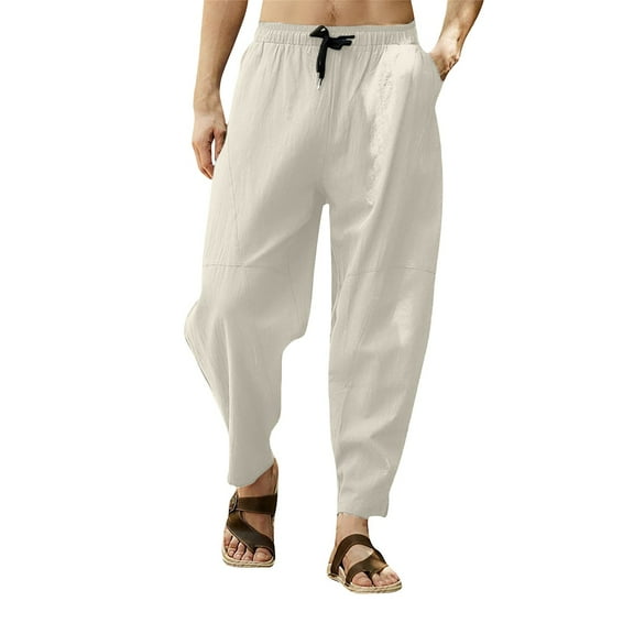Haoxianjian Linen Pants Men Plus Size Pants Men'S Casual Cropped Pants Solid Color Cotton And Linen Drawstring Hip-Hop Lantern Leggings Long Pants Men’S Casual Beach Trousers