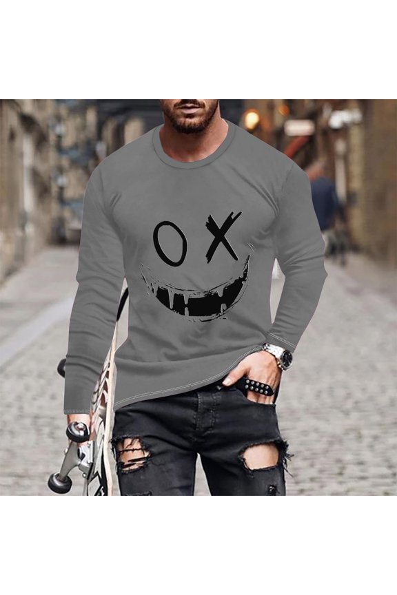 Haoxianjian Long Sleeve Shirts Men Big&TallShirtsForMen Fashionable Men'S Printed Top Long Sleeved Round Neck Smiling Face Printed Top/Shirt L