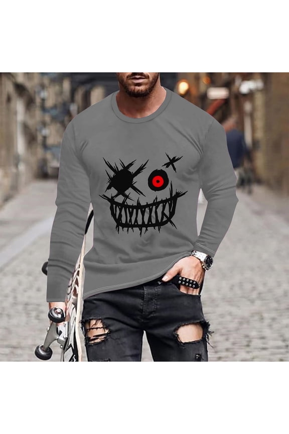 Haoxianjian Long Sleeve Shirts Men Big&TallShirtsForMen Fashionable Men'S Printed Top Long Sleeved Round Neck Smiling Face Printed Top/Shirtx