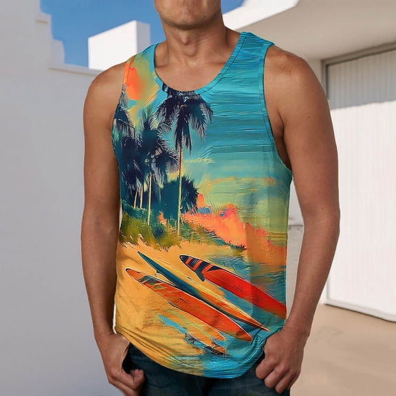 Haoxianjian Mens Beach Tank Tops Hawaii Vacation Shirts Cottons Palm Tree Fashion Graphic Summer Muscle Sleeveless T Shirts Running Beach Casual Loose Fits Tee S-XXL