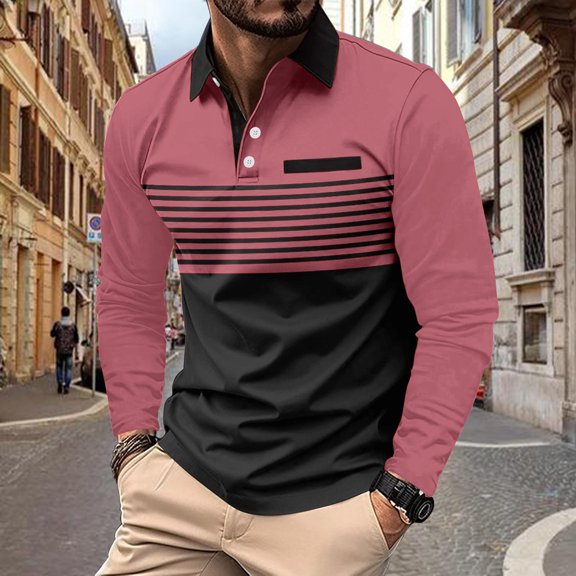 Haoxianjian Mens Golf Shirt Black T Shirts For Men Men Casual Solid Stripe Button Long Sleeve Turndown Collar Blouse Shirt Tops Fashion Gym Athletic
