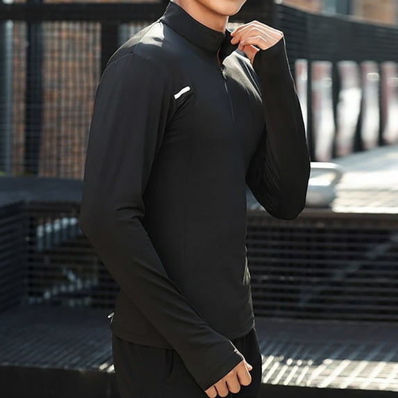 Haoxianjian Mens Shirts Mens Long Sleeve Tee Shirts Workout T Shirts Men'S Lightweight Breathable And Sport Train Solid Color Zipper Long Sleeve Stand Collar Shirt Cozy Sport Outwear