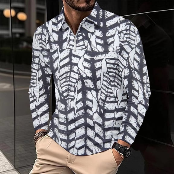 Haoxianjian Shirts For Men White Henleys Shirts For Men Men'S Casual Printed Zipper T-Shirt Shirt Long Sleeved Lapel Top Fashion Gym Athletic