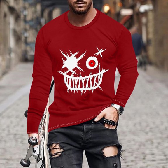 Haoxianjian Shirts For Men White Undershirts Men Fashionable Men'S Printed Top With Long Sleeved Round Neck And Smiling Face Printed Top/Shirtx Men'S Casual Athletic Workout Pullover