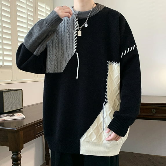 HaoXianJian Men's Loose Fitted Sweater Casual Patterned Pullover Sweaters Chunky Winter Fashion Color Block Twisted Thermal Sweaters