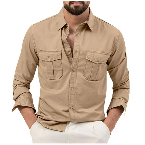 Haoxianjian Tshirt Long Sleeve Shirts For Men Men'S Cargo Lapel Pocket Fallow Loose Button Long Sleeve Lapel Coat Top/Shirt Men'S Loose Fitted Lightweight Long-Sleeve