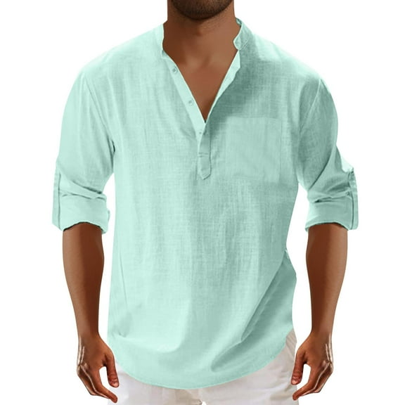 Haoxianjian Tshirt Long Sleeve Shirts For Men Mens Fashion Solid Turndown Collar Half Cardigan Casual Top Shirt Button Tops White Henleys Shirts For Men