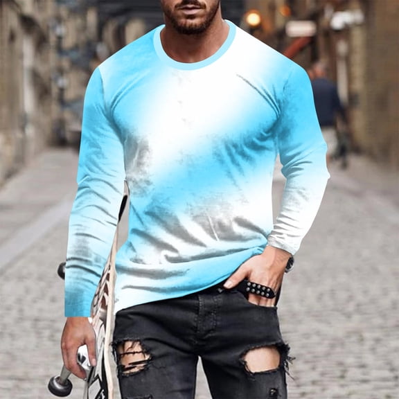 Haoxianjian Tshirt Workout Shirts For Men Men Gradation Casual Round Neck Long Sleeve Pullover Printed T-Shirt Blouse Tops Casual Long Sleeve Pullover