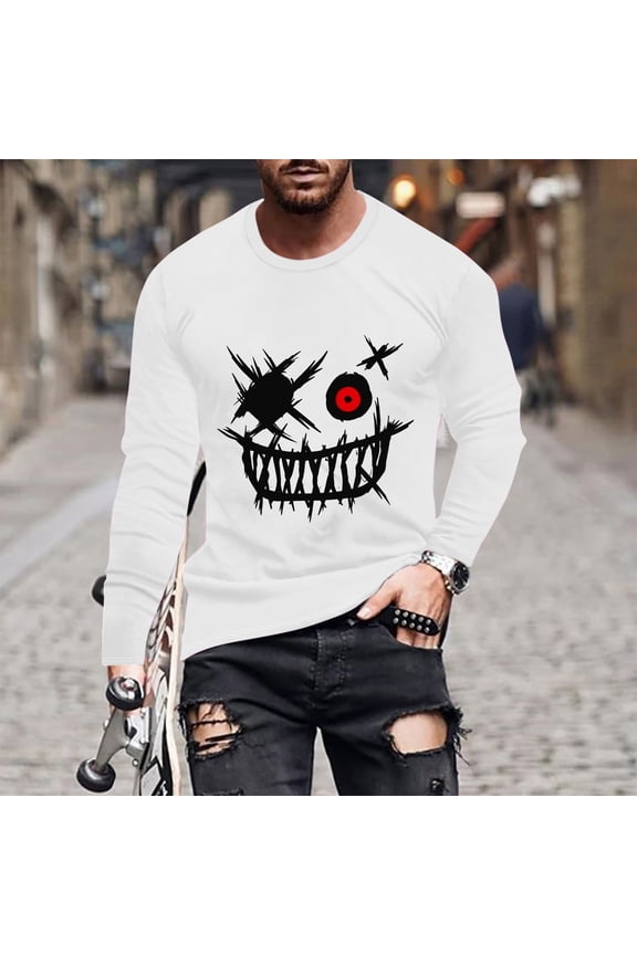 Haoxianjian White T Shirts Men Big&TallShirtsForMen Fashionable Men'S Printed Top Long Sleeved Round Neck Smiling Face Printed Top/Shirtx Fash