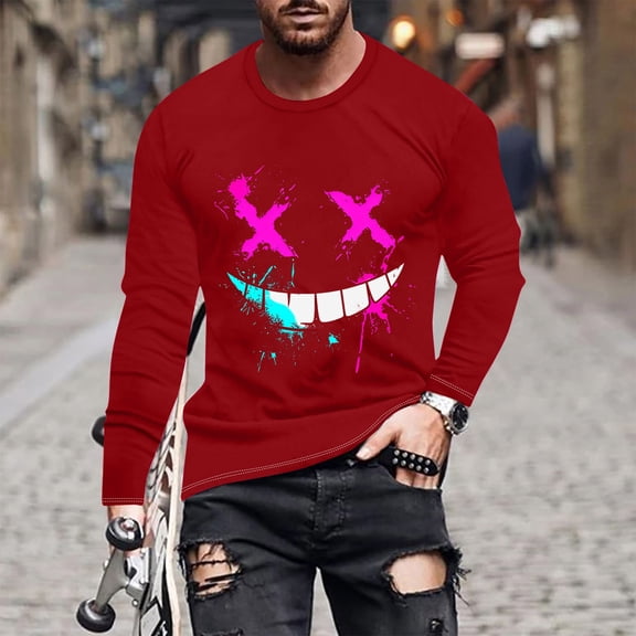 Haoxianjian White T Shirts For Men Oversized Tshirts For Men Fashionable Men'S Printed Top With Long Sleeved Round Neck And Smiling Face Printed Top/Shirtx Pullover Sweatshirt For Men
