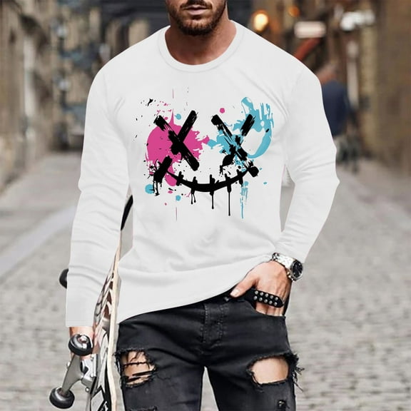 Haoxianjian White T Shirts For Men White Undershirts Men Fashionable Men'S Printed Top With Long Sleeved Round Neck And Smiling Face Printed Top/Shirt Holiday Costume Tees
