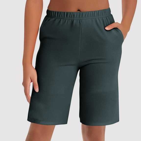Haoxianjian Women's Bermuda Long Shorts with Pockets Sweat Shorts Knee Length Shorts High Waisted Elastic Short for Summer Soft Lightweight Short Capris Loose Fits S-3X