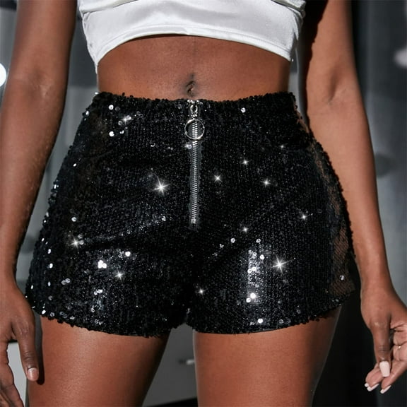 Haoxianjian Women's Sequin Sparkling Elastic High Waist A Line Party Concert Shorts Glitter Party Club Hot Shorts