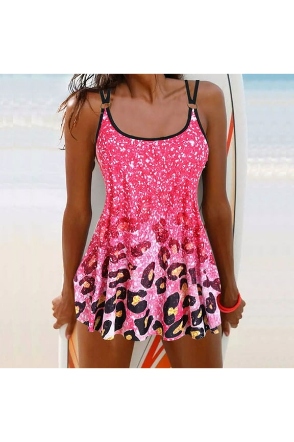 Women's Swimsuits Double Straps Swimdress Skirted Crew-Neck Bathing Suit Leopard Print Swimming Dress