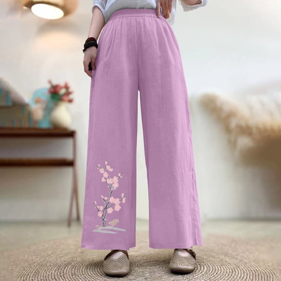 Haoxianjian Women's Wide Pants High Waisted Pants Floral Print Stright Leg Linen Sweatpants for Travel Casual Lounge loose Fits
