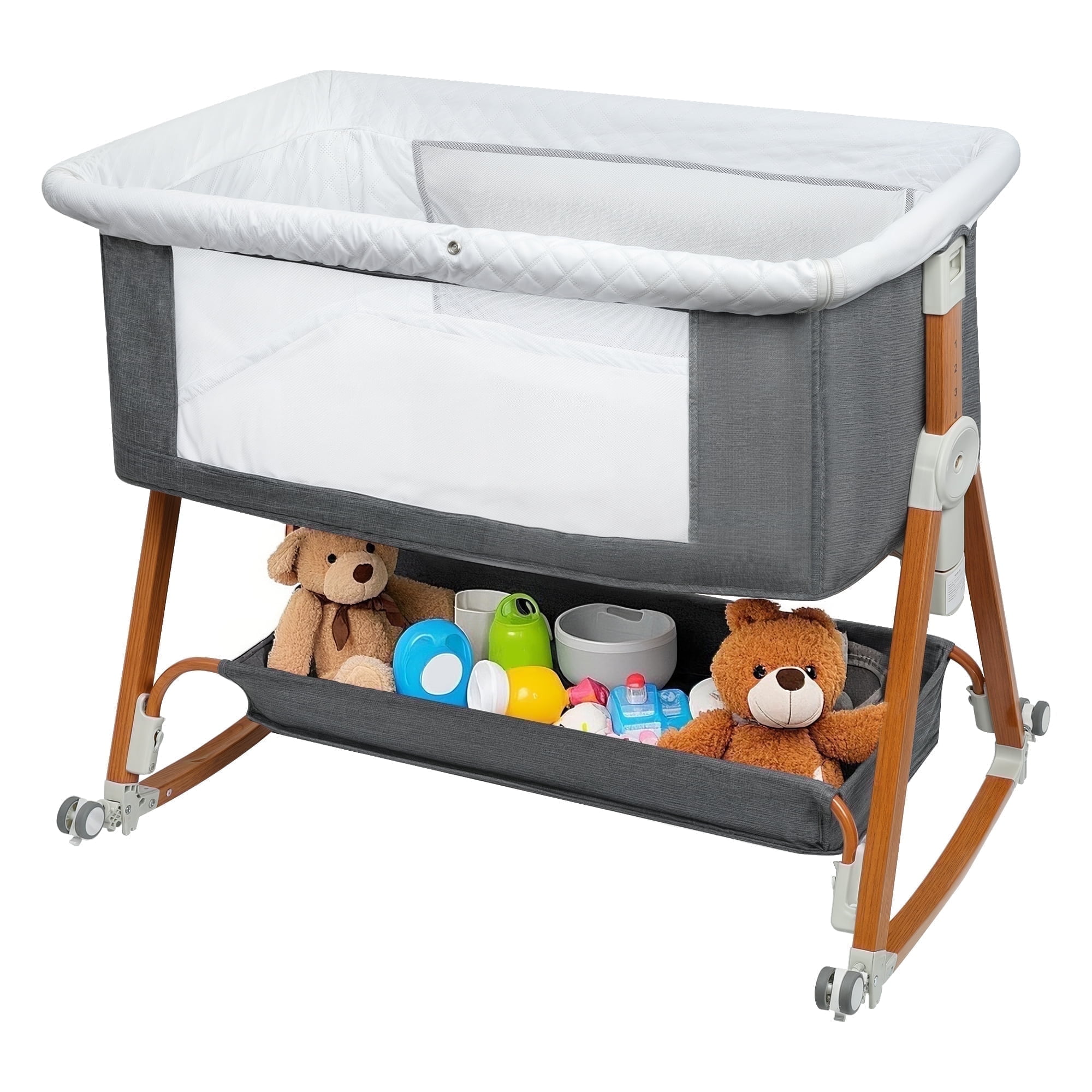 Haoyunduo Baby Bassinet, Foldable Baby Crib with 6 Adjustable Heights and Storage Basket for Infant Newborn Child, Gray