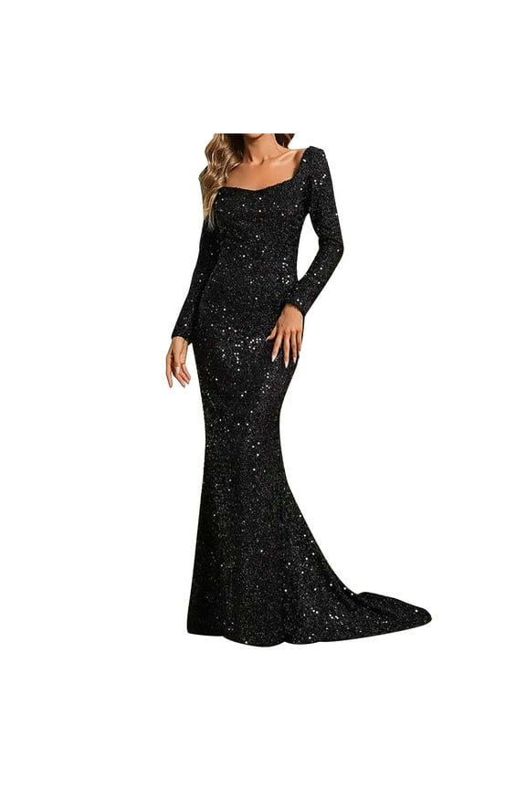 Women's Sequin Mermaid Gown Sweetheart Neck Formal Evening Gowns Long Sleeve Maxi Prom Party Dress