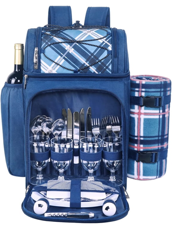 Hap Tim Picnic Basket Backpack for 4 Person with Insulated Leakproof Cooler Compartment, Wine Holder, Fleece Blanket, Cutlery Set, Wedding Gifts for Couples, Engagement Gifts