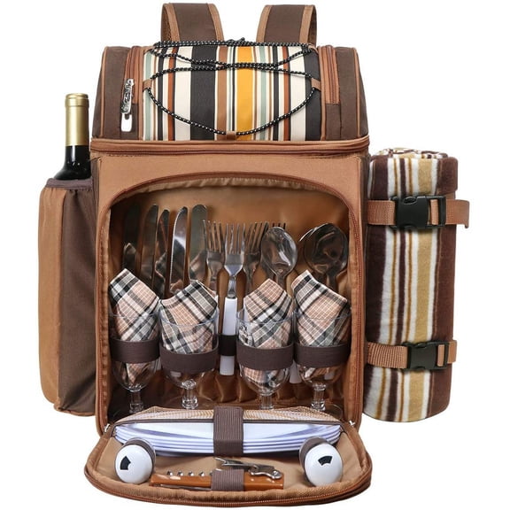 Hap Tim Picnic Basket Backpack for 4 Person with Insulated Leakproof Cooler Compartment, Wine Holder, Fleece Blanket, Cutlery Set, Wedding Gifts for Couples, Engagement Gifts