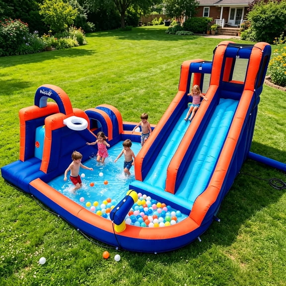 Hapcap Inflatable Water Slide Bounce House Obstacle Course,with Pool ,Tunnel and Obstacle Bar,Include Air Blower,Outdoor Party