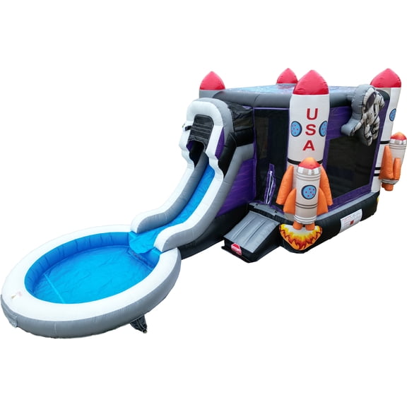 Hapcap PVC Space Themed Inflatable Bounce House for Kids & Adults, Large Outdoor Water Slide with Pool, 4-6 Players, Ages 3-12, Semi Commercial, Outdoor park (Without Blower)