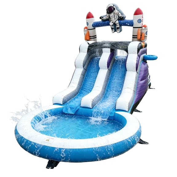 Hapcap Commercial Water Slide for Big Kids, PVC Bounce House with Double Slides Climber Wall Big Pool, Space Themed Outdoor Party (With Blower)