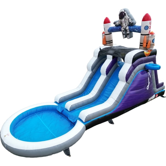 Hapcap Space Astronaut Themed Inflatable Water Slide for Kids and Adults, PVC Bounce House with Double Slides and Swimming Pool,Large Outdoor Party (Without Blower)
