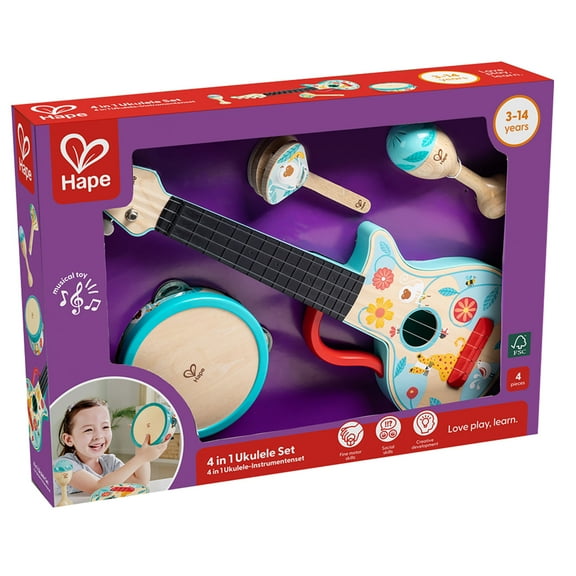 Hape: 4-In-1 Ukulele Set - 4pc Wooden Instrument Playset, Percussions Music Toys, Ukulele, Maraca, Castanet, Tambourine, Nature Design, Kids Ages 3+