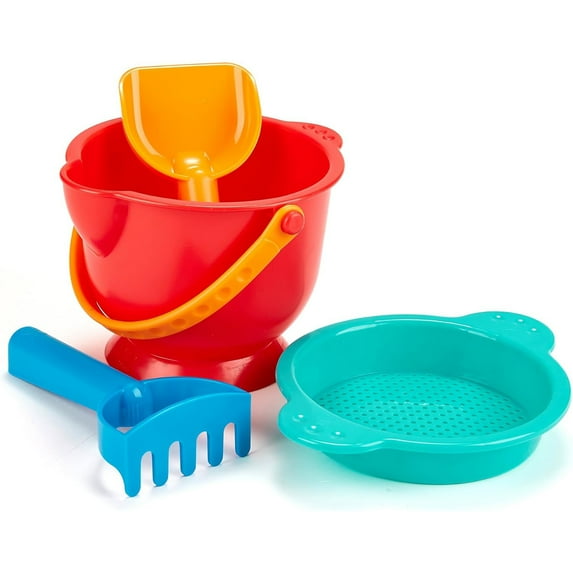 Hape: Beach Basics - 4pc Playset Includes Bucket Sifter, Rake & Shovel Toys, Water-Bath-Garden-Snow-Sand, Colorful Set, Kids & Toddler Ages 18mo+