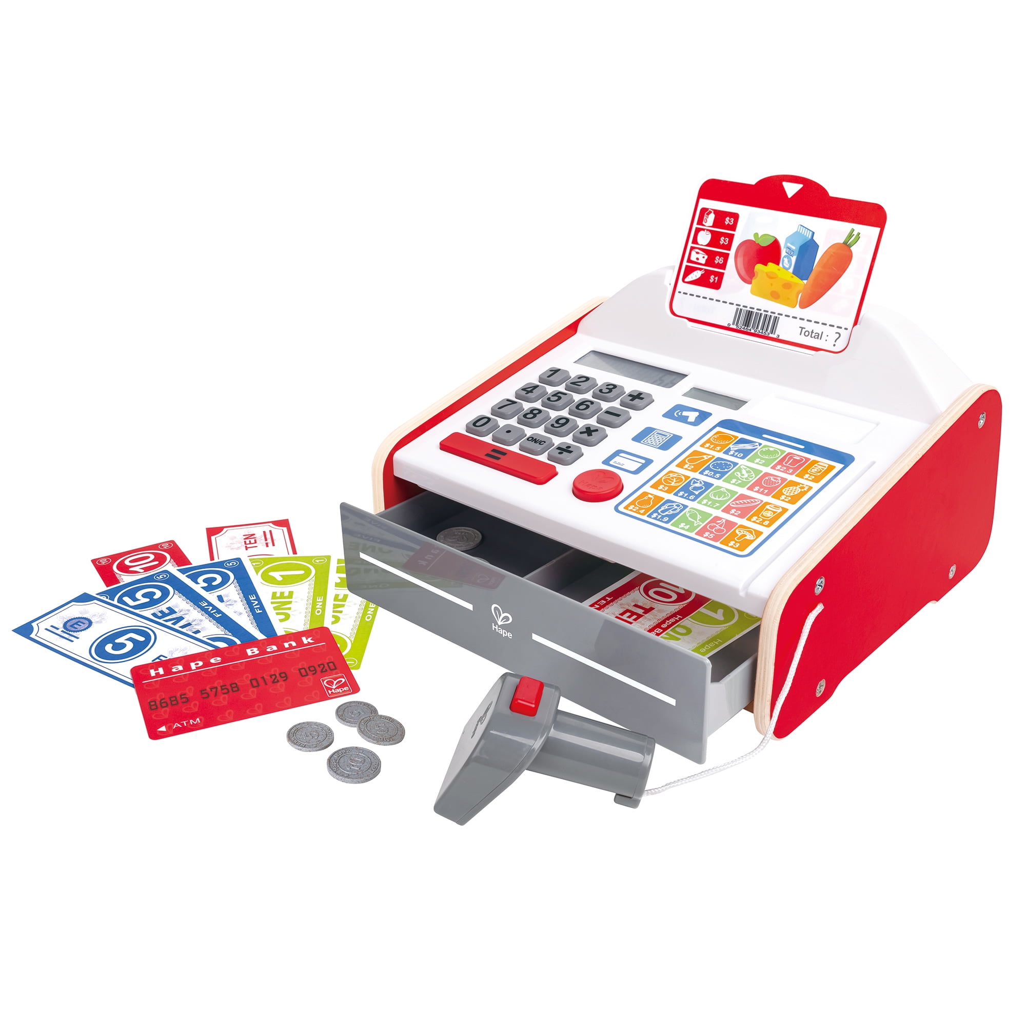 Hape Beep N Buy Cash Register 24pc Red White Lights Sounds Wooden Toy Shopping Pretend Play Math Money Learning Toddlers Kids Age 2
