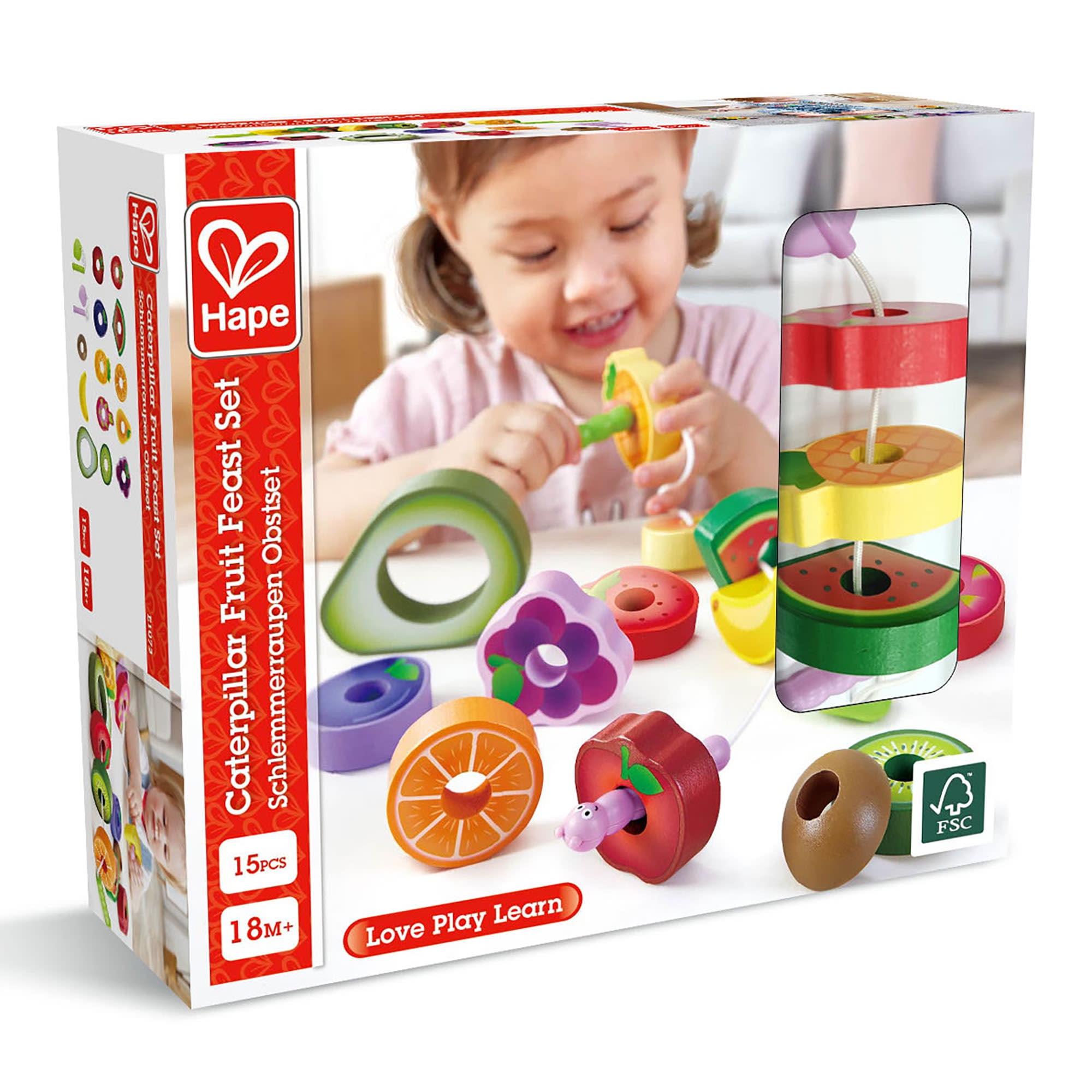 Hape: Caterpillar Fruit Feast Set - 14pc Wooden Stringing Toy, Fruit Shaped Blocks Playset, 2 Caterpillars, Sorting Play, Baby-Toddler-Kids Age 18 mo+