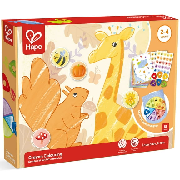 Hape: Crayon Coloring - 18pc Art Set, Animal & Nature Theme, 2 Stickers Sheets, 6 Rainbow Crayons, Montessori Activities, Toddlers & Kids Ages 2+