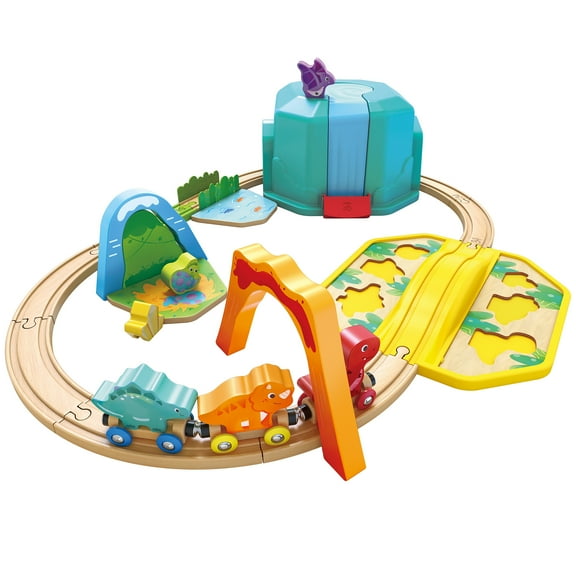 Hape: Dinosaur Train Bucket Set - 27pc, Wooden Train & Puzzle Toy, Magnetic Linking Capability, Brightly Colored, Baby & Toddlers, 18 Months+